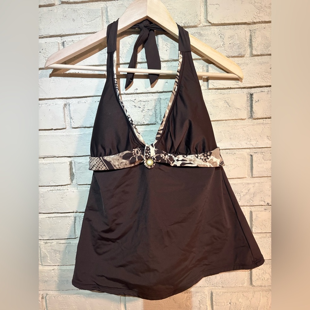 CATALINA size L (12-14) Brown Tankini Halter Top with Patterned Trim.Gently worn